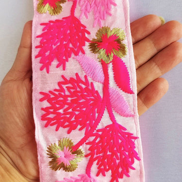 Cyan Blue / Green / Pink / Black /Blue / Beige And Gold Floral Embroidery Trim, Indian Embroidered Trim, Approx. 75mm wide